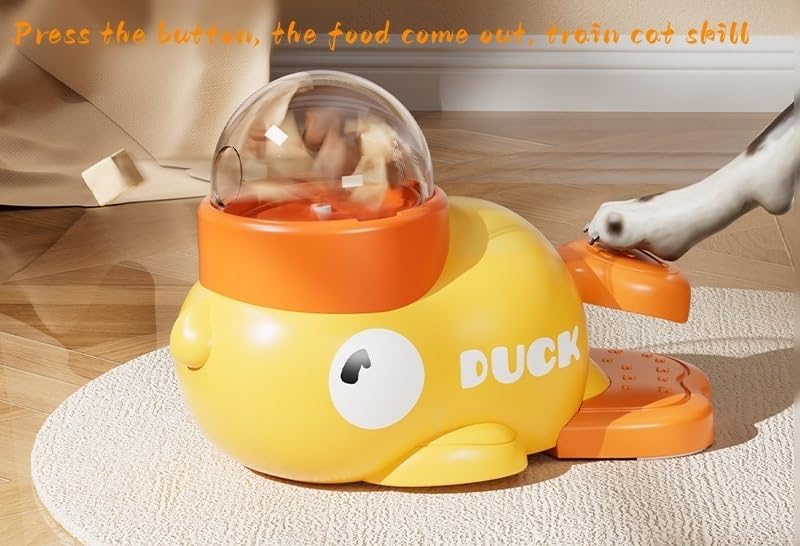 Cat Dog Automatic Feeder, Yellow Duck Shaped Pet Food Dispenser, Healthy Diet Pet Feeder,Slow Feeder Puzzle Toy, Press and Rotate to Dispense Food;