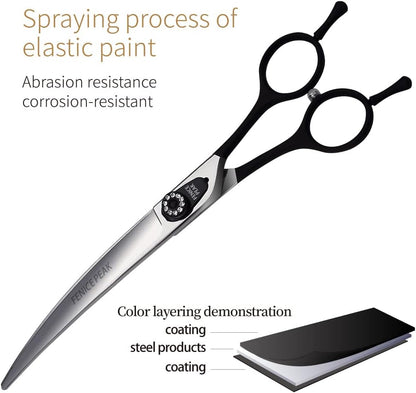 Fenice Peak 7.5'' Professional Dog Grooming Scissors Set with Black Non-Slip Handle 440C Stainless Steel Straight Thinning Curved Chunker Shears 4pcs Set for Pet Grooming Services