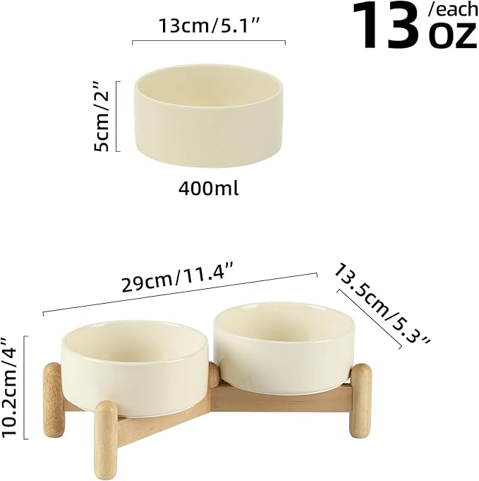 Ceramic 5.1inch Raised Double Bowls Set with Wooden Stand, Elevated Food & Water Bowls for Small Breed Dogs, Cats, Kitty, Weighted Dog Dishes, Pet Bowls(13.5oz, Beige)
