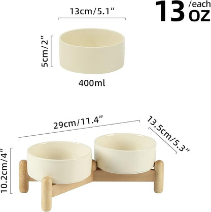 Ceramic 5.1inch Raised Double Bowls Set with Wooden Stand, Elevated Food & Water Bowls for Small Breed Dogs, Cats, Kitty, Weighted Dog Dishes, Pet Bowls(13.5oz, Beige)