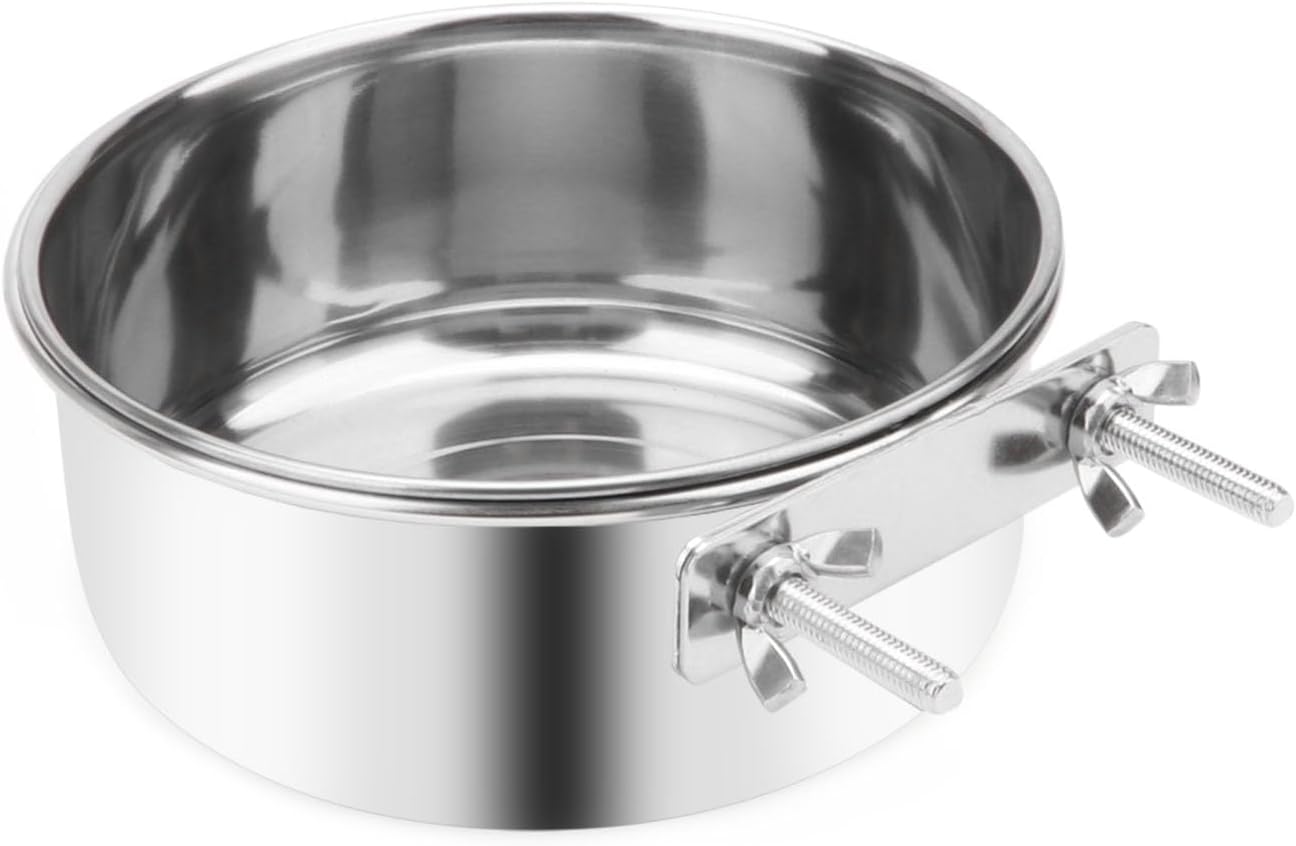 Pet Food Water Bowl with Clamp Holder Stainless Steel Coop Cup Hanging Feeder for Dog Bird Parrot Cat Rabbit (L)