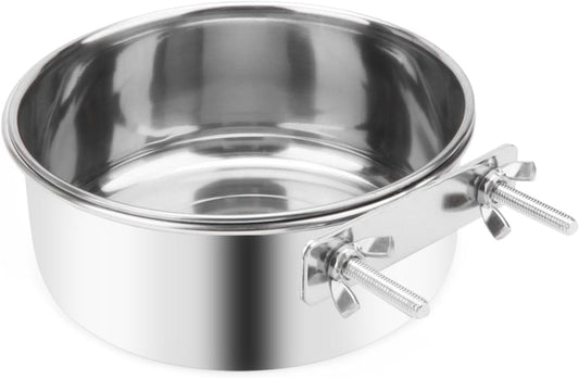 Pet Food Water Bowl with Clamp Holder Stainless Steel Coop Cup Hanging Feeder for Dog Bird Parrot Cat Rabbit (L)