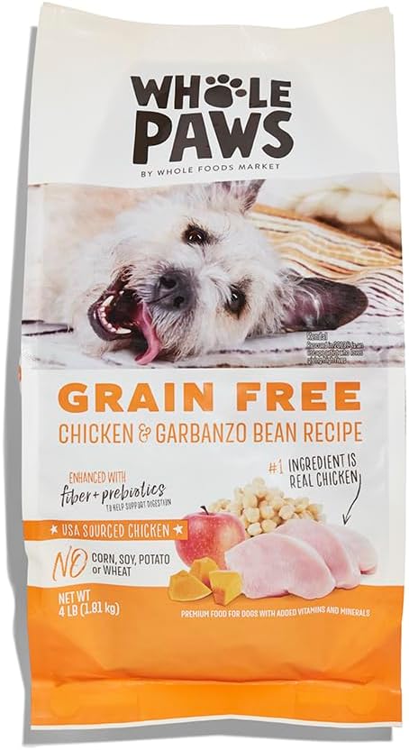 Whole Paws, Grain-Free Dry Dog Food, Chicken & Garbanzo Bean Recipe, Enhanced with Fiber & Prebiotics, 4 lb