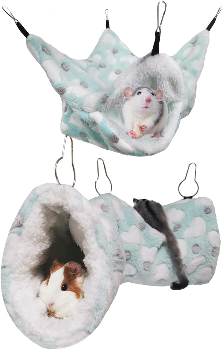 LEFTSTARER Guinea Pig Ferret Rat Hammock Toy Small Animal Cage Accessories Hideout Tunnel & Bunkbed Hammock for Rat Ferret Guinea Pig Hamster Sugar Glider Chinchilla (Hammock Set Heart-Green)