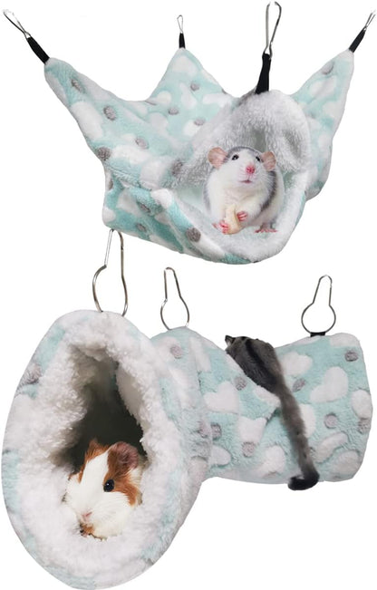 LEFTSTARER Guinea Pig Ferret Rat Hammock Toy Small Animal Cage Accessories Hideout Tunnel & Bunkbed Hammock for Rat Ferret Guinea Pig Hamster Sugar Glider Chinchilla (Hammock Set Heart-Green)