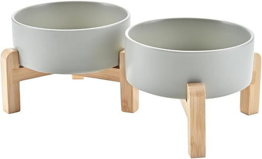 SPUNKYJUNKY Elevated Dog Bowls Ceramic, 5.1'' Dogs and Cat Food Water Bowls Raised with Non-Slip Bamboo Stand for Puppy Small Sized Breed Microwave Dishwasher Safe - 13.5 OZ,Grey
