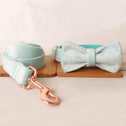 PETDURO Custom Dog Collar Personalized with Name Engraved Quick Release Rose Gold Metal Buckle for Large Medium Small Girl Dogs - Dog Leash and Bow Tie Available - Soft Comfy Velvet (Mint Blue, S)