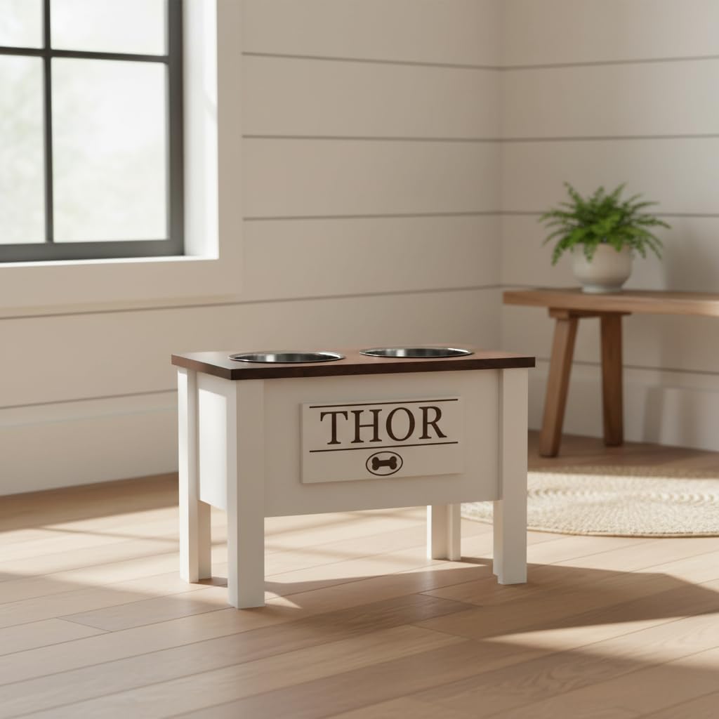 GrooveThis Woodshop - Personalized Elevated Dog Bowl Stand for Large, Medium, Small, X-Small Dogs - Stainless Steel Food and Water Bowls - Raised Dog Dish (X-Large, Brown)