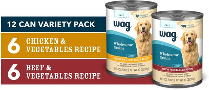 Amazon Brand - Wag Wholesome Grains Canned Wet Dog Food, Variety Pack (Chicken & Vegetables Paté and Beef & Vegetables Paté), Adult Recipe, 13 Ounce (Pack of 12)