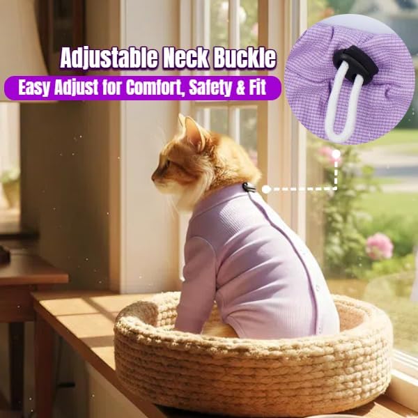 Cat Neuter Surgery Recovery Suit Male, Anti-Licking Cats Spay Recovery Suit Female, Long Sleeve Prevent Shedding Body Suit Post Surgery, Breathable Cone & E Colla Alternative Cat Apparel(Purple, L)