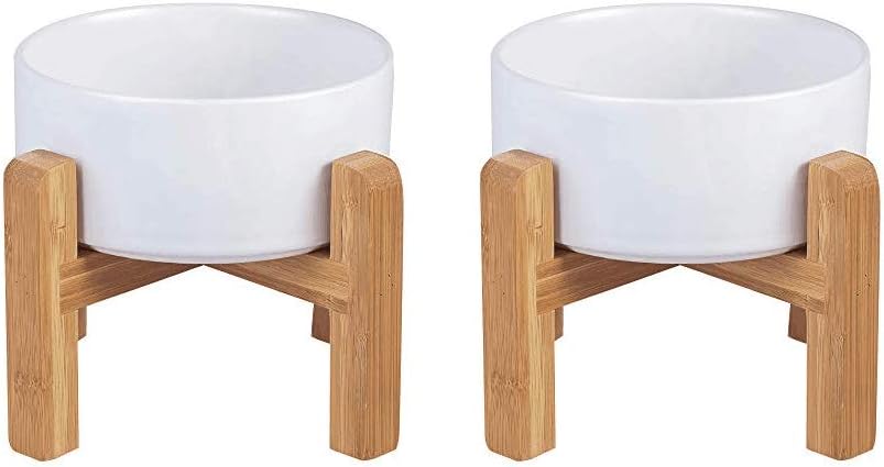 LIONWEI LIONWELI Ceramic Raised Dog Bowls, Medium - Set of 2 - Non Slip Wood Stand - Anti Vomiting - 850 ml - White
