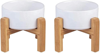 LIONWEI LIONWELI Ceramic Raised Dog Bowls, Medium - Set of 2 - Non Slip Wood Stand - Anti Vomiting - 850 ml - White
