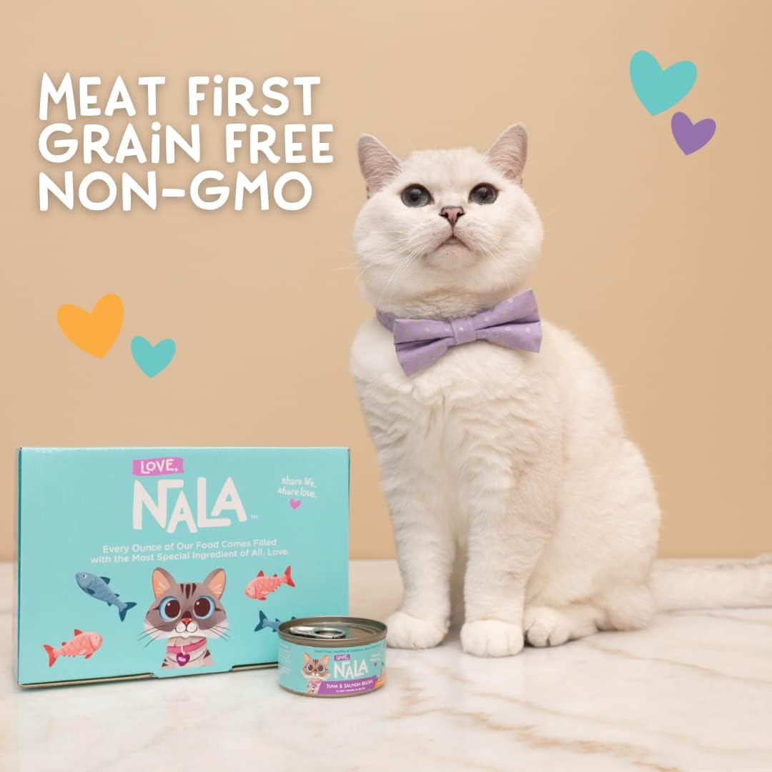 LOVE, NALA - Natural Adult Cat Wet Food - FLAKED Tuna and Salmon in Broth- Grain Free, Non-GMO, Lean Protein, Omega 3, Added Minerals & Vitamins - 12 Pack 2.4 lbs.