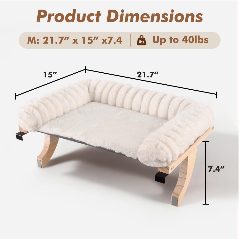Cloud-Soft Cat Window Sill Perch with Zipper Designed Cushioned Bed, Supportive Cat Window Seat with Premium Solid Wood & Sturdy Metal Frame, Pet Hammock Bed for Large Cats (Medium, White)