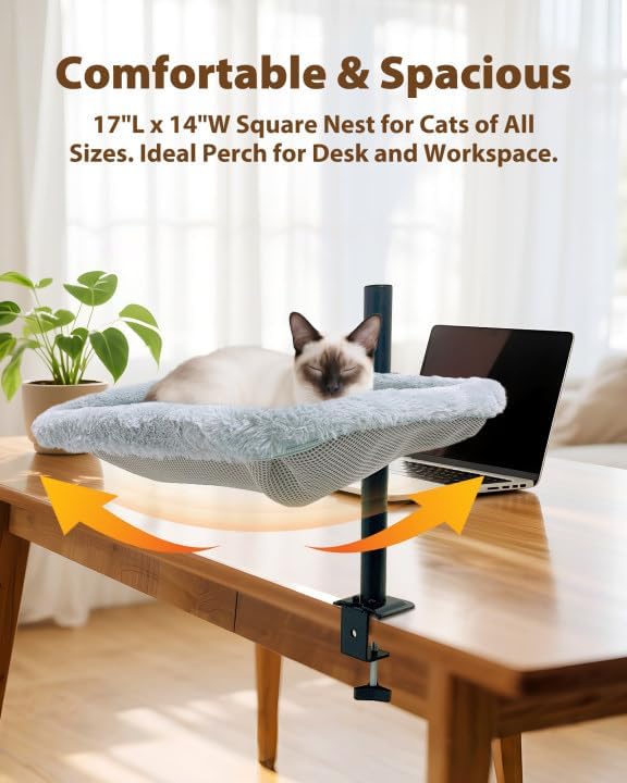 L&W BROS. Cat Desk Bed – Adjustable Desk Cat Hammock with 360° Rotating Arm, Dual-Sided Washable Cover, 35LB Capacity, 17"x14", Metal Frame