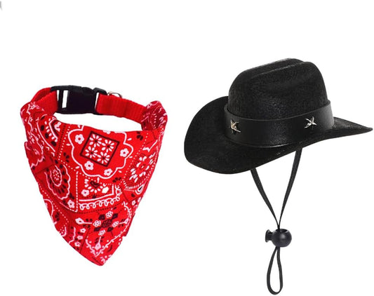 Dog Cowboy Costume Mini Black Cowboy Hat Pet Bandana Halloween Costume for Cat Size S