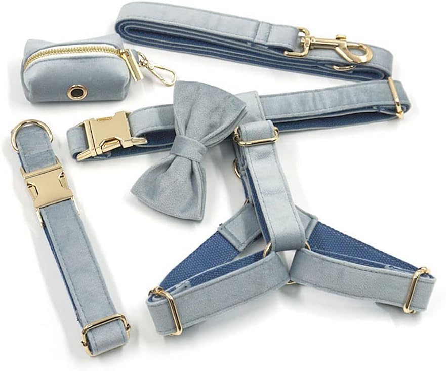 PETDURO Personalized Dog Collar Haze Blue Soft Velvet for Large Medium Small Boy Girl Dogs - Custom Collar with Name Phone Number Engraved on Gold Metal Buckle - Add Leash Bow Set via Customize Now