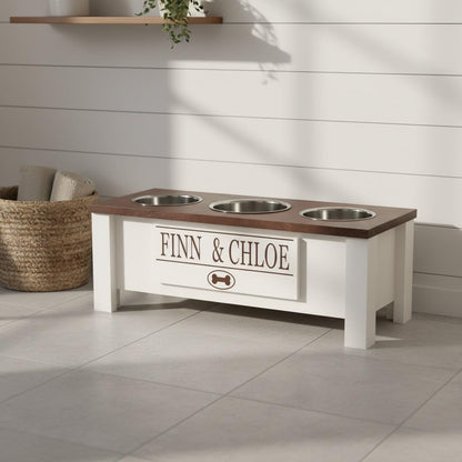 GrooveThis Woodshop - Personalized Elevated Triple Dog Bowl Stand for Large, Medium, Small, X-Small Dogs - 3 Stainless Steel Food and Water Bowls - Raised Dog Dish - Internal Storage (Medium, Brown)