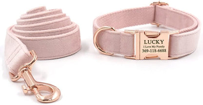 PETDURO Personalized Dog Collar Pink Soft Velvet for Large Medium Small Boy Girl Dogs - Custom Collar with Name Phone Number Engraved on Rose Gold Metal Buckle - Add Leash Bow Set via Customize Now