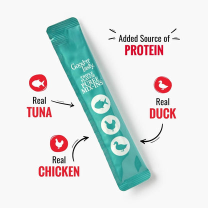 Good 'n' Tasty Triple Flavor Puree Mix-Ins Dog Food Topper Treats for All Dogs, 7 Count, Easy Single-Serve Portions, Added Protein with Tuna, Chicken and Duck