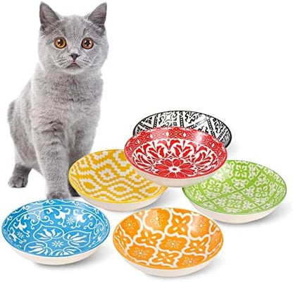 Ceramic Cat Dishes for Food - Colorful Cute Cat Bowl Set of 6 - Wide, Shallow, Whisker Friendly - Microwave and Dishwasher Safe - 8.5 oz - 5.75 inch