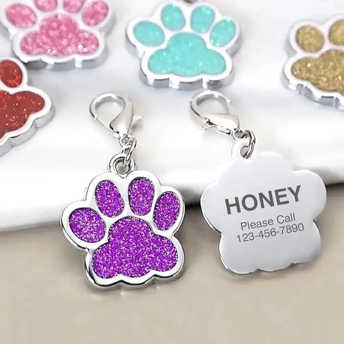 Cute Personalized Pet Name Tags for Cats/Dogs - Glitter Custom pet id tag, Dog id Tags Engraved for Pets, Customizable cat tag, pet Collar Charms, Dog Name tag (Paw-Shaped-Small: Purple)