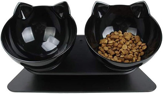 Luck Dawn Double Elevated Cat Bowls with Raised Stand, 15 Tilted cat Bowl Design Neck Guard Stand Raised Pet Food Water Feeder Bowl for Cats or Small Dogs