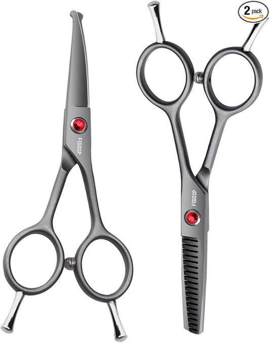 4.5" Dog Grooming Scissors - 2pcs Curved Scissors & Thinning Shears for Small Dog, Cat Face & Paws - Japan 440C (2Kit)