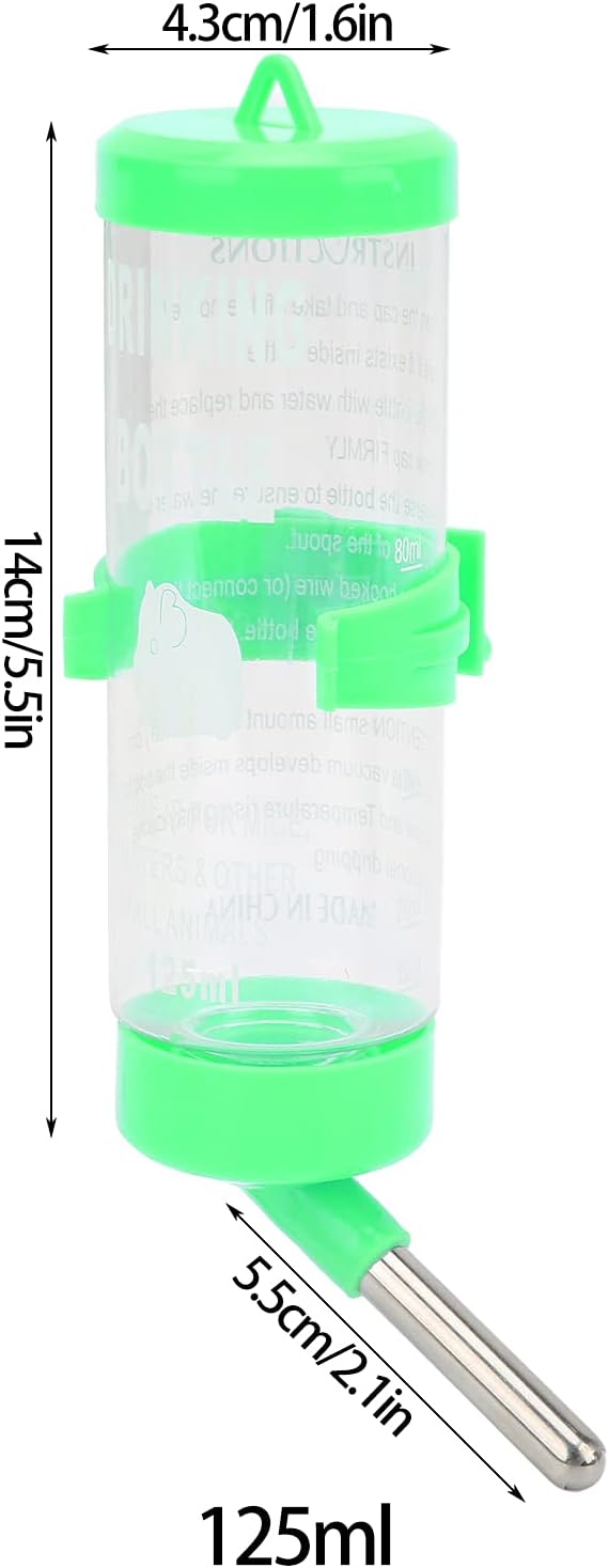 Hamsters Water Bottle, Automatic No Drip Hanging Water Feeder Dispenser for Small Animals Guinea Pig Rat Rabbit Dwarf Gerbil Chinchilla(Green 125ML)