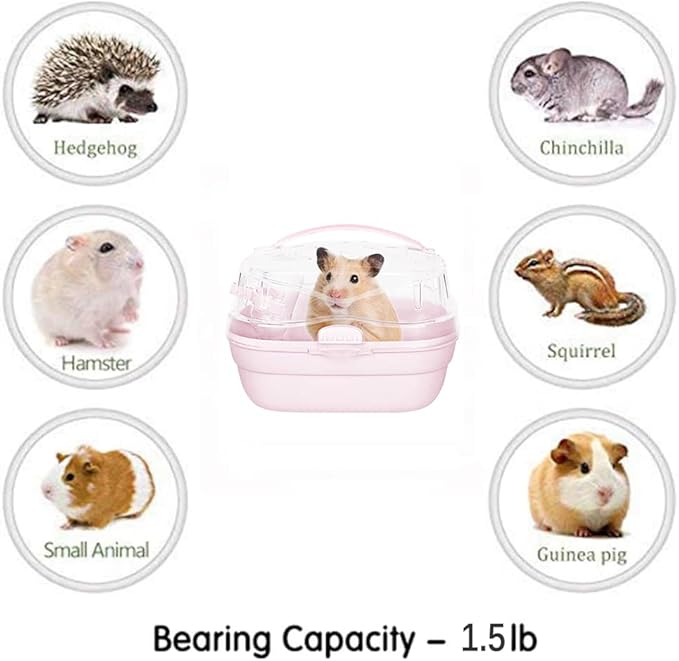 KAMEIOU Pink Travel Portable Small Animals Hamster Hedgehog Guinea Pig Carrier Cage for Hamsters Hedgehogs Ferret Guinea Pig Carrier Cage with Handle Breathable Transparent Lid Small Animal Carriers