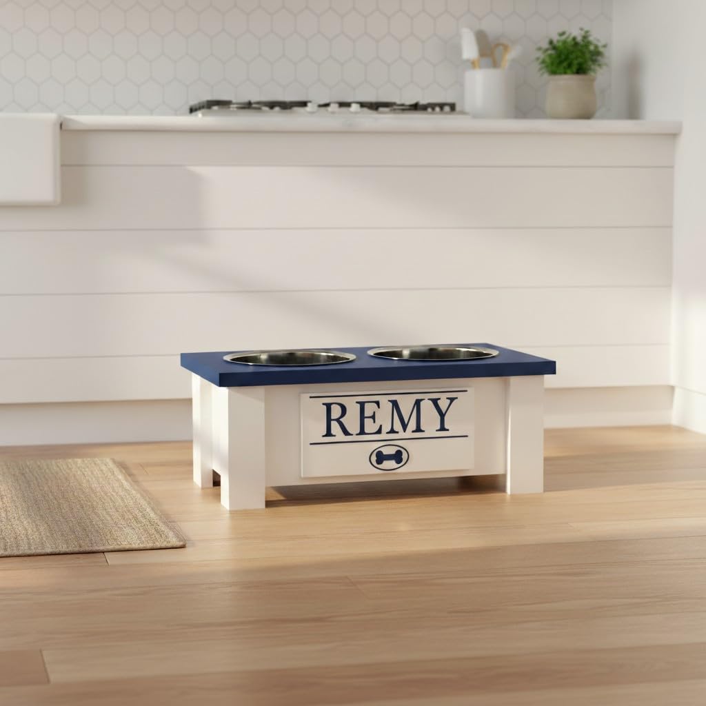 GrooveThis Woodshop - Personalized Elevated Dog Bowl Stand for Large, Medium, Small, X-Small Dogs - Stainless Steel Food and Water Bowls - Raised Dog Dish with Internal Storage (Small, Blue)