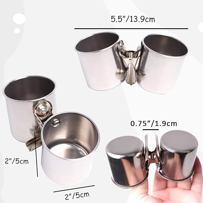 Bird Feeder Cups with Clamp Mount on Standing Perch, 2 Stainless Steel Cups for Food and Water, Compatible for halinfer's All Bird Carrier and Backpack Wooden and Rope Perch