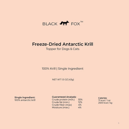 BLACK FOX Freeze-Dried Antarctic Krill Dog Treats | Cat Treats | Cat Food Topper | Dog Food Topper | 1.5 oz Single Ingredient, Raw, Healthy, All Natural, Human Grade, Omega-3 Fish Oil