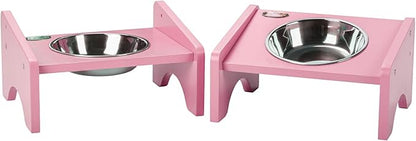 Elevated Cat Bowls,2 Stainless Steel Pet Food Water Feeder,15°Tilted Raised Pet Dish, Slanted Dog Bowl with Wood Stand for Kitty and Puppy,Wide 5.51" (Pink)