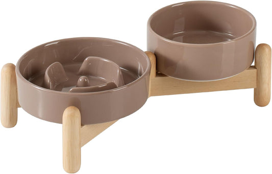 Ceramic 0.9 Cup Raised Slow Feeder Dog Bowl Set, Elevated 5.1inch Water Bowl and 6.1inch Puzzle Slow Pet Food Dish with Wooden Stand for Small Dog and Cat (2 x Brown Coffee+ Stand)