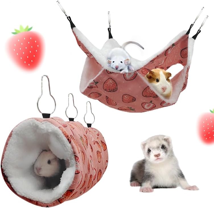 Rat Ferret Hammock Toys Cage Accessories, Guinea Pig Hideout Tunnel, Warm Bed for Rat Ferret Guinea Pig Sleep Hide and Play (2.Hammock+Tunnel)