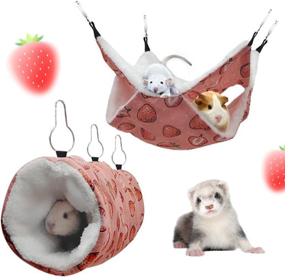 Rat Ferret Hammock Toys Cage Accessories, Guinea Pig Hideout Tunnel, Warm Bed for Rat Ferret Guinea Pig Sleep Hide and Play (2.Hammock+Tunnel)