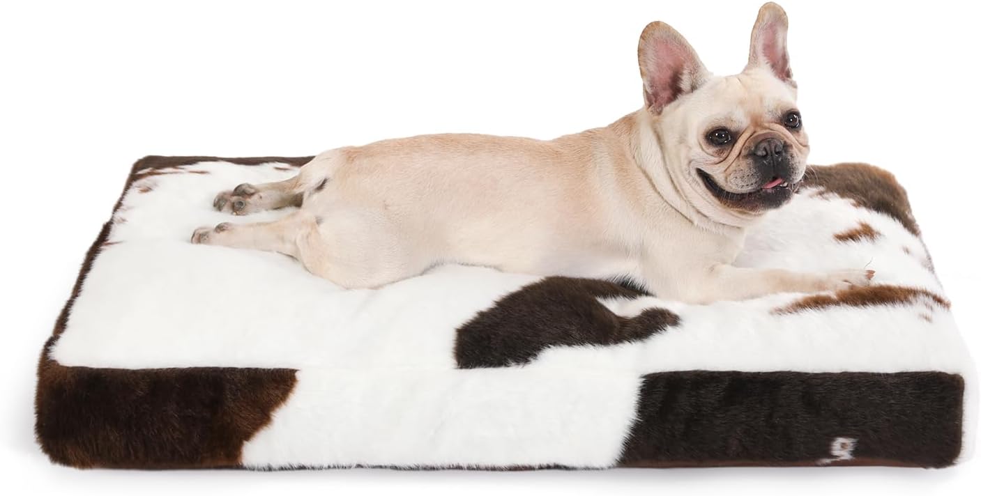 Bedfolks Waterproof Dog Crate Bed,Plush Dog Bed with Removable Washable Cover,Faux Fur Dog Crate Pad for Medium Dogs,Fluffy Dog Kennel Bed 29"x21",Cow Print
