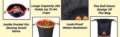 Dog Food Travel Bag - 84 Cups/26 lbs/20 Litre Capacity | Leak-Proof, Water-Resistant Dog Food Storage Container for Travel, Camping, RV & Outdoor | Collapsible, Easy-to-Clean Kibble Bag (Black)