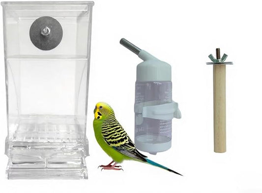Automatic Bird Feeder for Cage(3ps) No Mess Bird Water Dispenser Clear No Spill Budgie Feeder Cage Accessories for Small Parrots, Cockatiels, Finches, Lovebirds (Transparent Color Flat top 001)