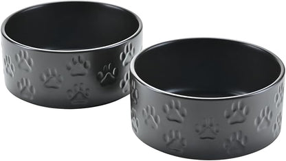 SPUNKYJUNKY Ceramic Dog and Cat Bowls 2 Pack, 5.1'' Dog and Cat Food Water Double Feeding Bowls Non-Slip for Cats and Puppy Small Sized Breed Dogs Microwave Dishwasher Safe - 13.5 OZ, 2pcs, Paw Black