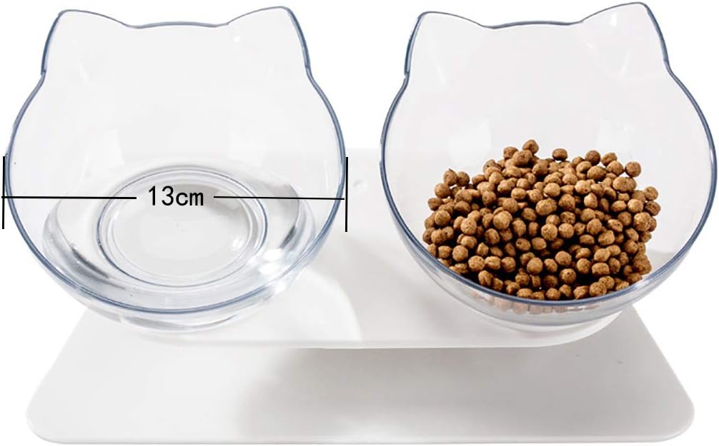 Luck Dawn Double Elevated Cat Bowls with Raised Stand, 15 Tilted cat Design Neck Guard Stand Pet Food Water Feeder Bowl for Cats or Small Dogs