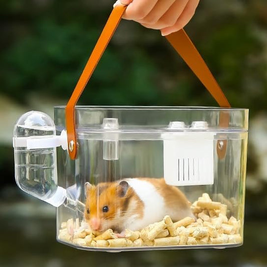 KAMEIOU Travel Small Animals Guinea Pig Cage Carrier for Hamsters Hedgehogs Ferret Guinea Pigs Portable Carrier Cage with Belt Handle Ice Storage Water Bottle 360° Transparent Breathable Box Carriers