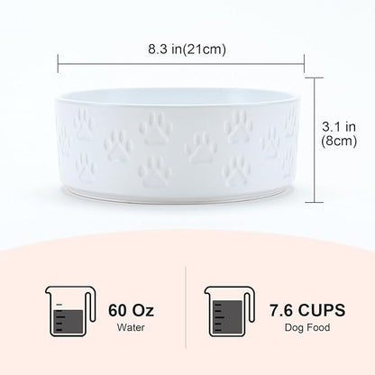 SPUNKYJUNKY Ceramic Dog Bowls 2 Pack, 8.3'' Dog Food Water Double Feeding Bowls Non-Slip for Medium to Large Sized Breed Microwave Dishwasher Safe - 60 OZ, 2pcs, Paw White
