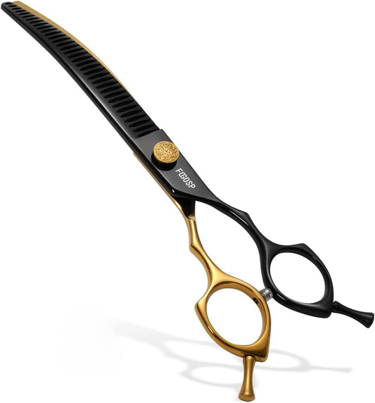 Curved Chunkers Shears Dog Grooming 7.5 in Black & Gold Two Color Professional Curved Thinning Shears for Dog Grooming 35 Teeth Japan 440C 62HRC