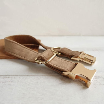 PETDURO Custom Dog Collar Personalized with Name Engraved Gold Metal Buckle for Large Medium Small Dogs - Dog Leash and Bow Tie Available - Soft Thick Velvet (Camel RG, S)