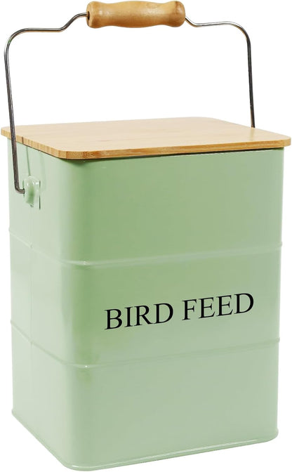 Metal Bird Seeds storage container,Outdoor Bird Food Container Canister, Pet Food Bin with Wooden Lid/Handle/Food scoop,hold 5-6 Lbs of Wild Bird Seed Sunflower Seed-Preventing Squirrels-Green