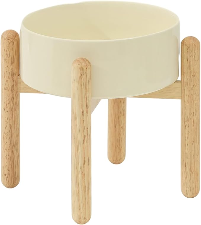 Ceramic 8.2inch Raised Dog Bowl with Stand for Large - Breed Dogs, Pet Food and Water Feeder(Single Bowl with Stand - Beige)