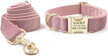 PETDURO Custom Dog Collar Personalized with Name Engraved Gold Metal Buckle for Large Medium Small Girl Dogs - Dog Leash and Bow Tie Available - Soft Comfy Velvet (Champagne Pink, XL)