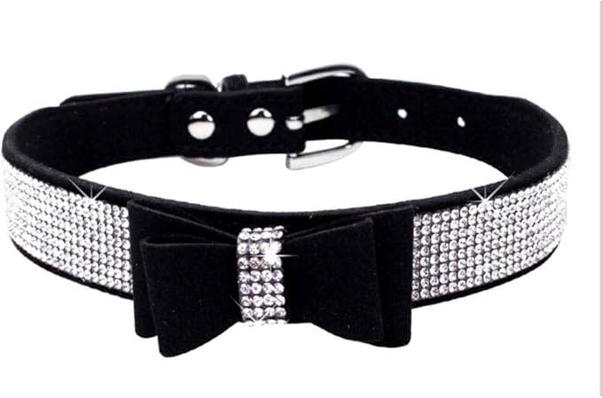 Rhinestone Dog Collar, Cute Dazzling Sparkling Soft Suede Leather Adjustable Pet Dog Cat Collar Crystal Diamond for Puppy Small Medium Large Dogs (M:32-38cm, Black -1)